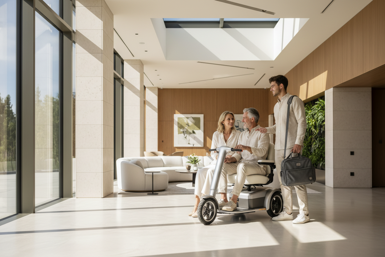Generate a banner image suitable for a premium online store, but with natural lighting. Feature a photorealistic "Luxury" vibe of a modern architetural high end light and welcomign relaxing scenary with a couple in a mobiloity scooter and a nephew with them that has mibiloty bags the clear focus.