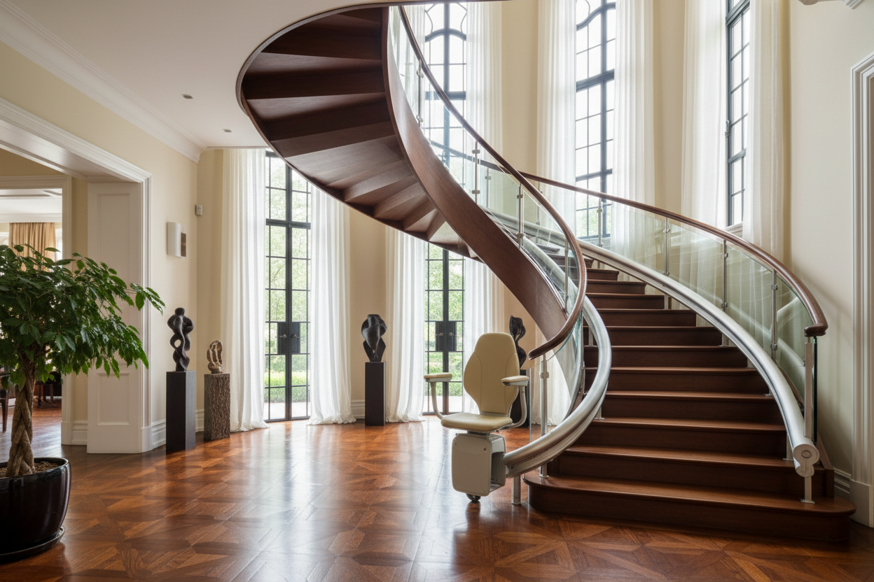 Generate a banner image suitable for a premium online store, but with natural lighting. Feature a photorealistic "Luxury" vibe of a modern architetural high end light and welcomign lived  home entarnce with a pair pf stairs and a stair lift on it  .dark wood parwut flooring highe celiing and arched windows with balkcdetails and linens curtains and cream  walls as the clear focus. 