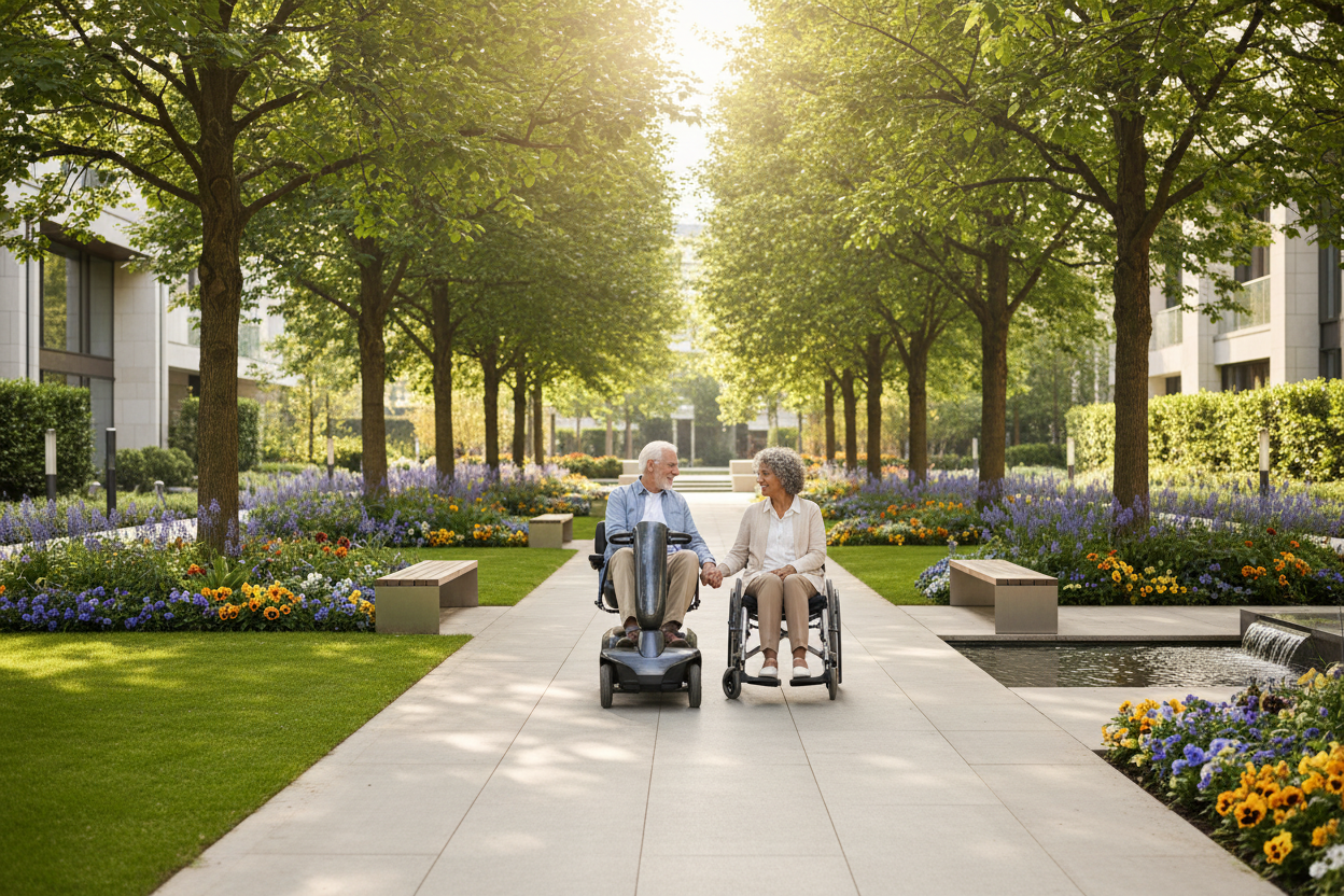 Generate a banner image suitable for a premium online store, but with natural lighting. Feature a photorealistic "Luxury" vibe of a modern architetural high end light and welcomign relaxing park street wiht beautiful tall trees and garss aorunf with flowers and a mixed couple one white and one hyspanic on their 70s one on a mobility socoter the other ona wheelchair the clear focus. The surrounding scene, mood, and setting should be designed entirely around the product — whether indoor or outdoor, modern