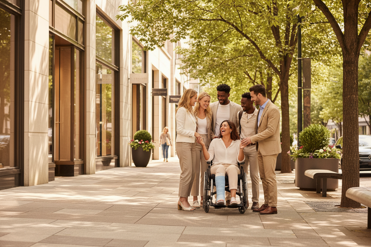 Generate a banner image suitable for a premium online store, but with natural lighting. Feature a photorealistic "Luxury" vibe of a modern architetural high end light and welcomign relaxing street with tall full trees wiht an hispanic woman on hes 30s on a wheelchair and a cast on her leg together with her white and blakc friends the clear focus. The surrounding scene, mood, and setting should be designed entirely around the product — whether indoor or outdoor, modern or 