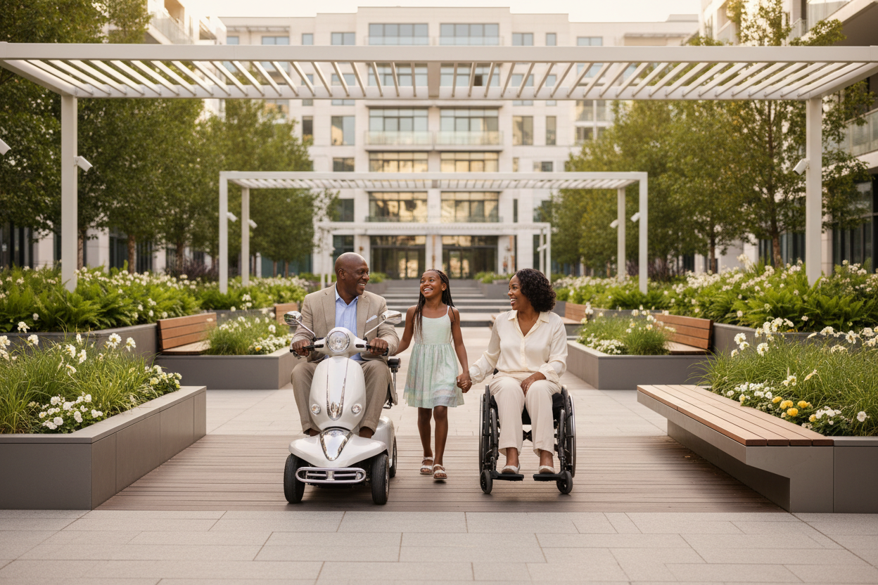 Generate a banner image suitable for a premium online store, but with natural lighting. Feature a photorealistic "Luxury" vibe of a modern architetural high end light and welcomign relaxing park street where there is a family with the blakc grandfather ona mobility socoter with his wife on a wheelchais and htei grandnephesy next to them as  the clear focus. The surrounding scene, mood, and setting should be designed entirely around the product — whether indoor or outdoor, modern or 